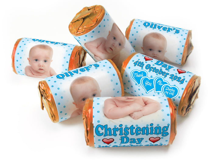 Christening Favours, Personalised Love Heart Sweets with Inner Foil choices - Boy with your image - V1
