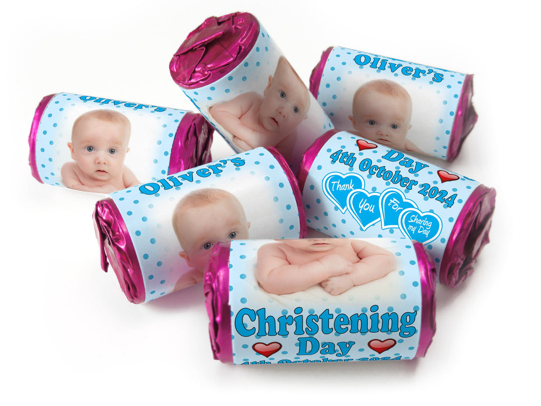 Christening Favours, Personalised Love Heart Sweets with Inner Foil choices - Boy with your image - V1