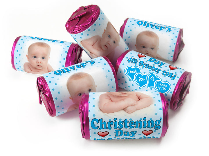 Christening Favours, Personalised Love Heart Sweets with Inner Foil choices - Boy with your image - V1