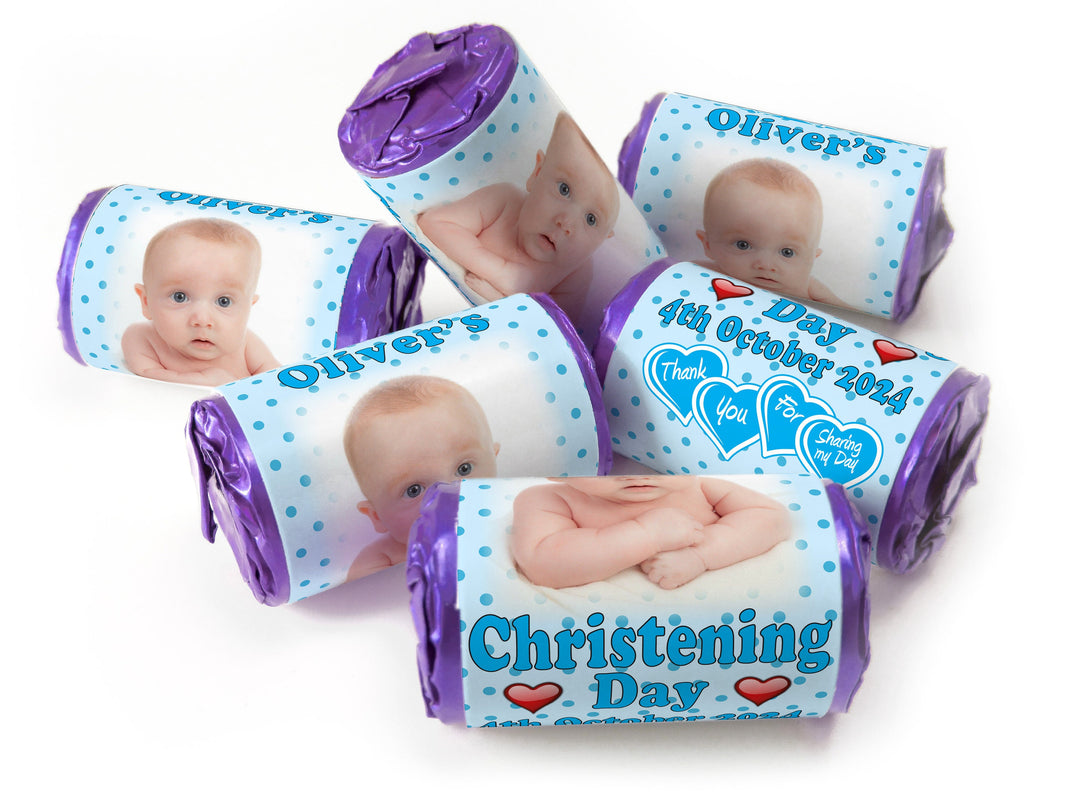 Christening Favours, Personalised Love Heart Sweets with Inner Foil choices - Boy with your image - V1