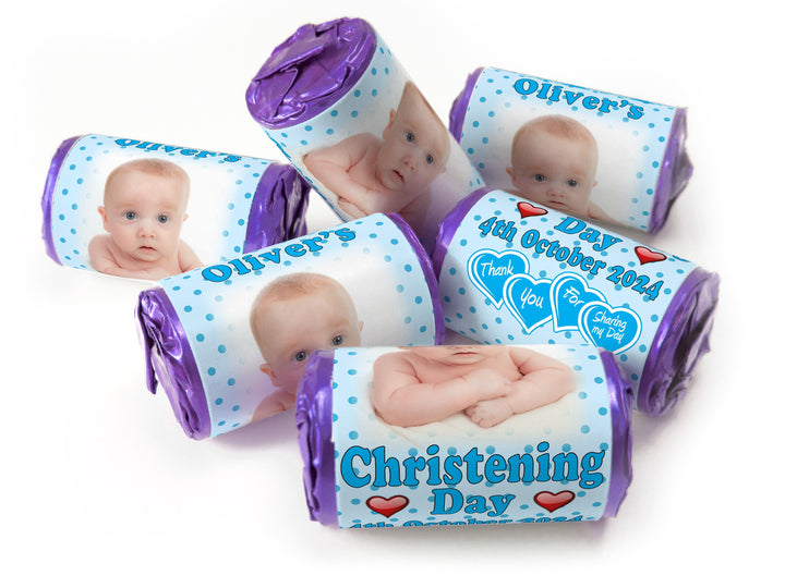 Christening Favours, Personalised Love Heart Sweets with Inner Foil choices - Boy with your image - V1