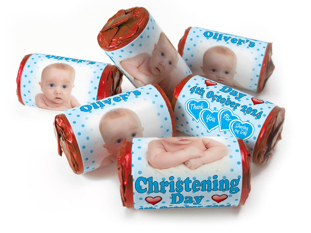 Christening Favours, Personalised Love Heart Sweets with Inner Foil choices - Boy with your image - V1