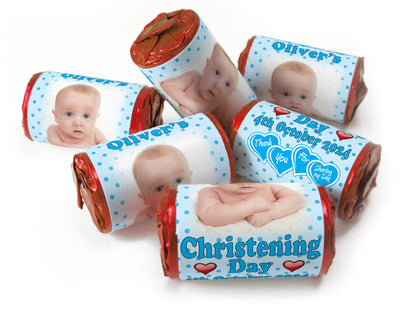 Christening Favours, Personalised Love Heart Sweets with Inner Foil choices - Boy with your image - V1