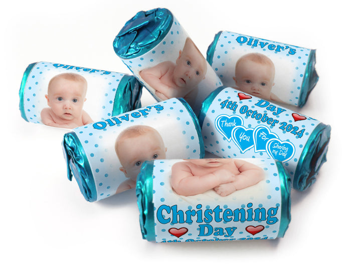 Christening Favours, Personalised Love Heart Sweets with Inner Foil choices - Boy with your image - V1