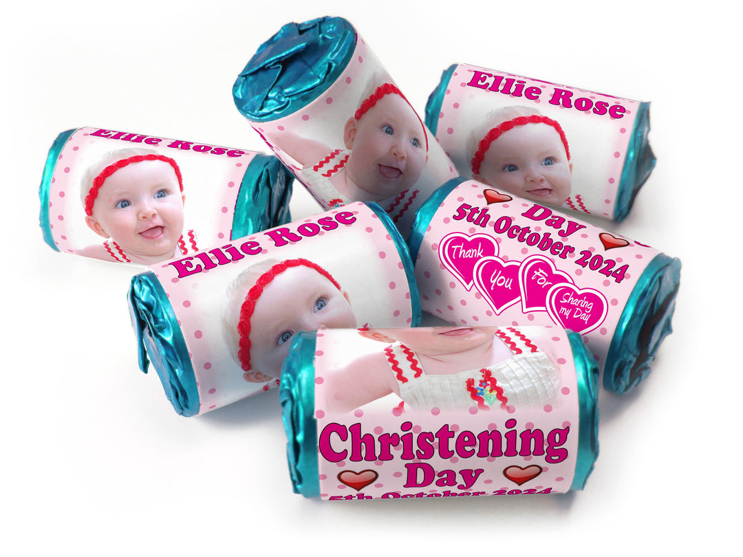 Christening Favours, Personalised Love Heart Sweets with Inner Foil choices - Girl with your image - V1