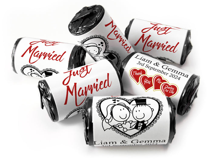 Wedding Sweets - Personalised Wedding Favours - Love Heart Sweets with Inner Foil choices - Cartoon, V14