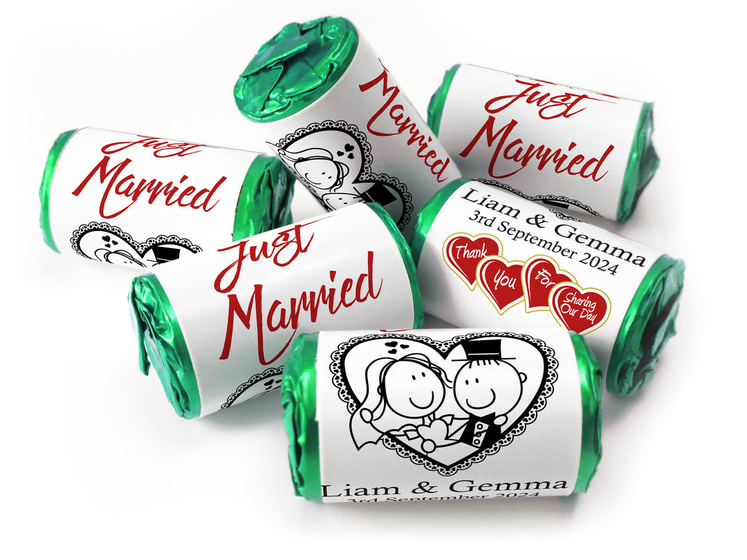 Wedding Sweets - Personalised Wedding Favours - Love Heart Sweets with Inner Foil choices - Cartoon, V14