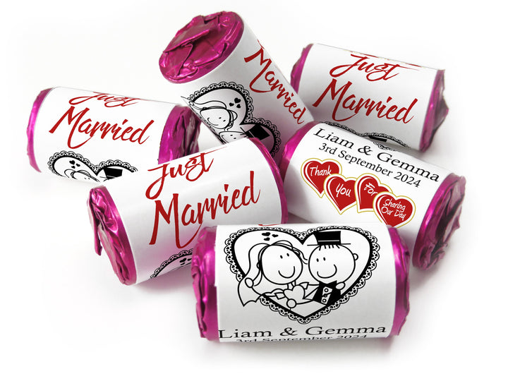 Wedding Sweets - Personalised Wedding Favours - Love Heart Sweets with Inner Foil choices - Cartoon, V14