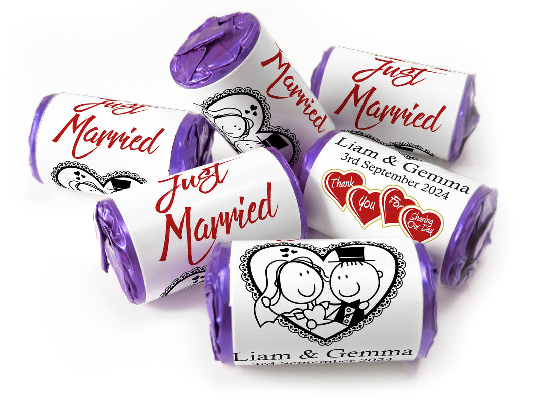 Wedding Sweets - Personalised Wedding Favours - Love Heart Sweets with Inner Foil choices - Cartoon, V14