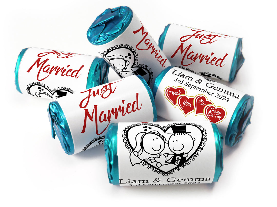 Wedding Sweets - Personalised Wedding Favours - Love Heart Sweets with Inner Foil choices - Cartoon, V14