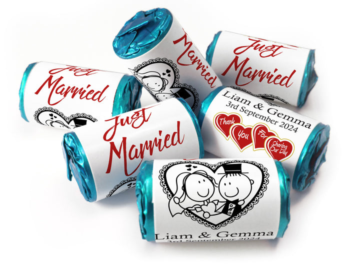 Wedding Sweets - Personalised Wedding Favours - Love Heart Sweets with Inner Foil choices - Cartoon, V14