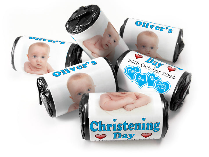 Christening Favours, Personalised Love Heart Sweets with Inner Foil choices - Boy with your image - V0