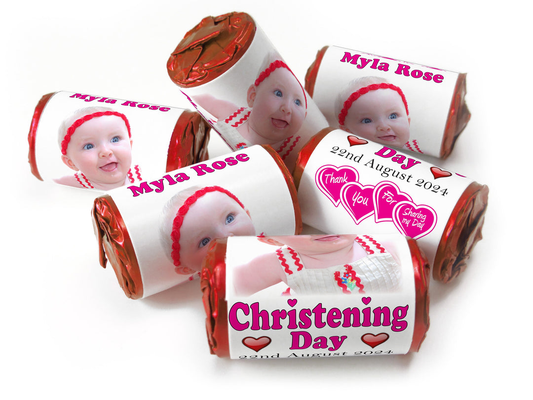 Christening Favours, Personalised Love Heart Sweets with Inner Foil choices - Girl with your image - V0