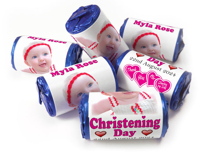 Christening Favours, Personalised Love Heart Sweets with Inner Foil choices - Girl with your image - V0