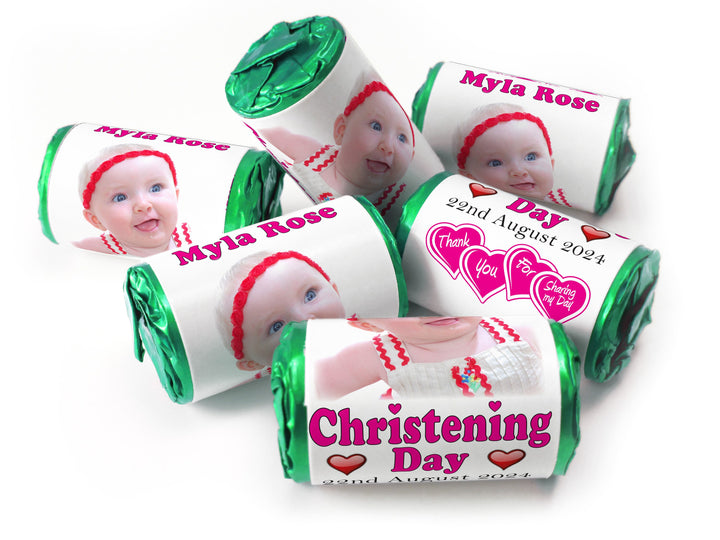 Christening Favours, Personalised Love Heart Sweets with Inner Foil choices - Girl with your image - V0