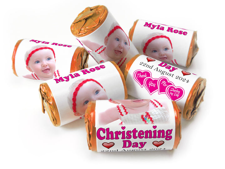 Christening Favours, Personalised Love Heart Sweets with Inner Foil choices - Girl with your image - V0