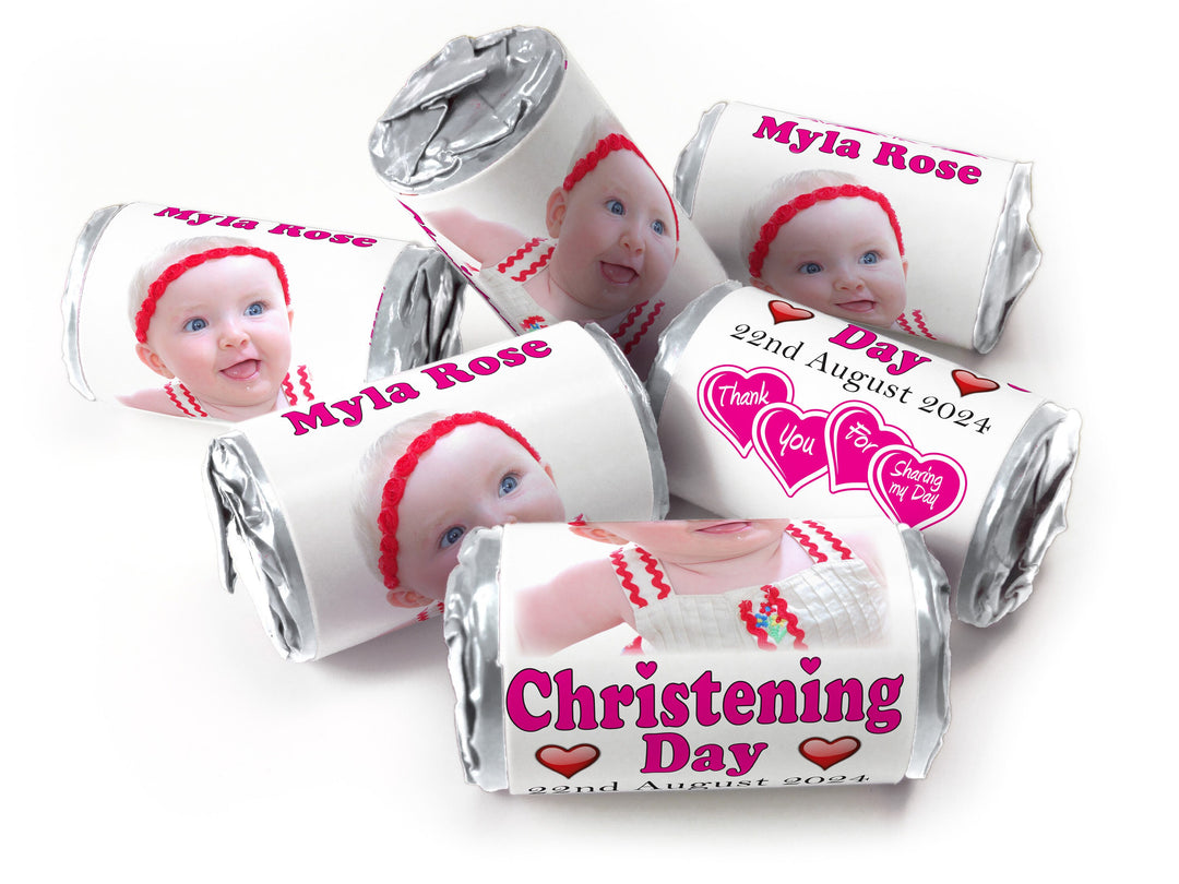 Christening Favours, Personalised Love Heart Sweets with Inner Foil choices - Girl with your image - V0