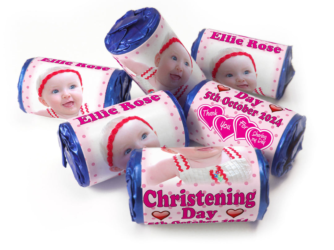 Christening Favours, Personalised Love Heart Sweets with Inner Foil choices - Girl with your image - V1