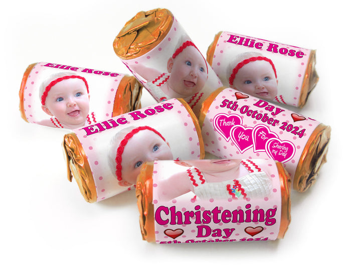 Christening Favours, Personalised Love Heart Sweets with Inner Foil choices - Girl with your image - V1