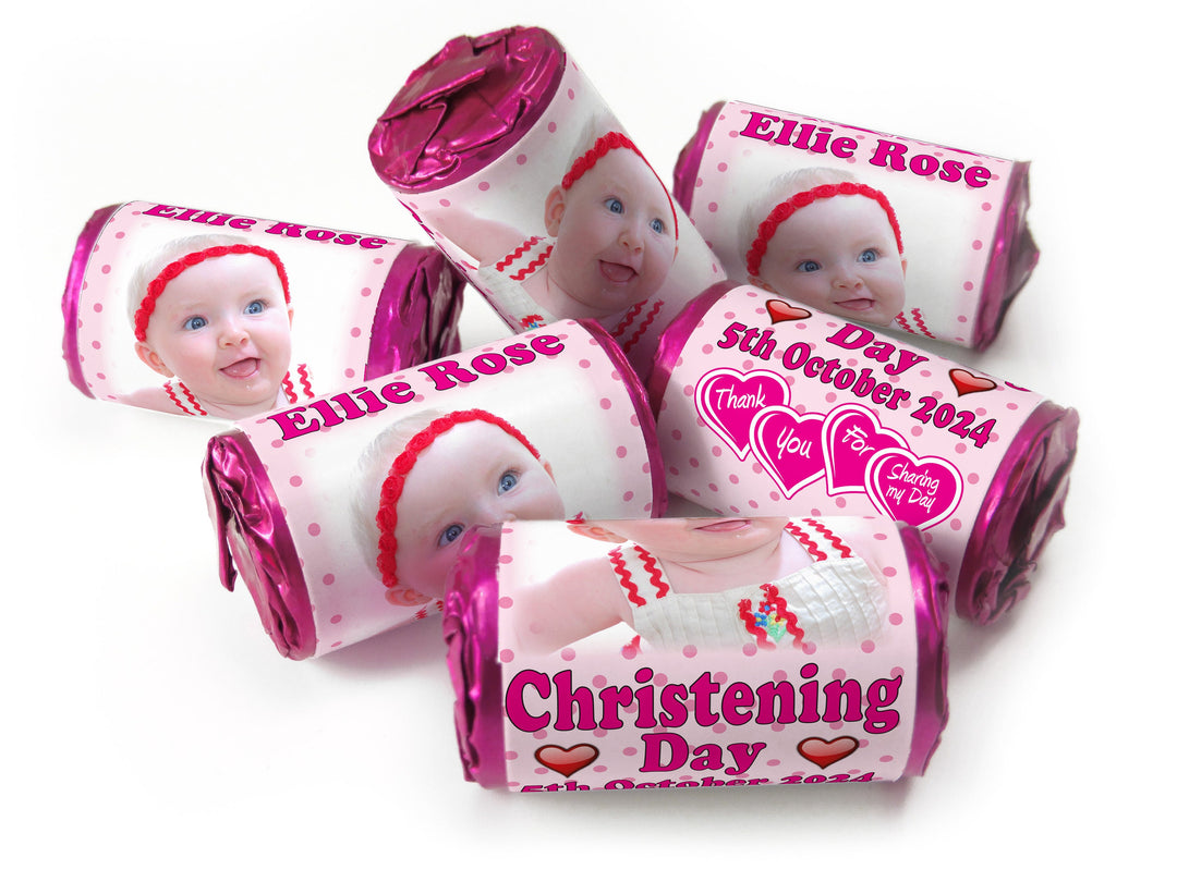 Christening Favours, Personalised Love Heart Sweets with Inner Foil choices - Girl with your image - V1