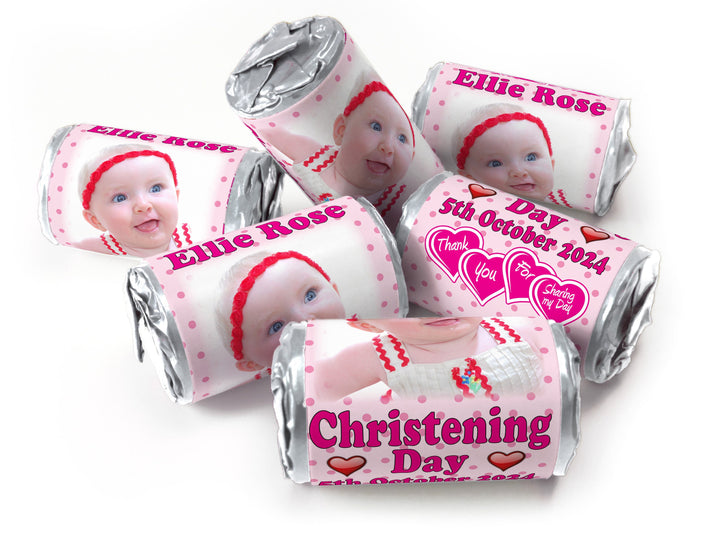 Christening Favours, Personalised Love Heart Sweets with Inner Foil choices - Girl with your image - V1