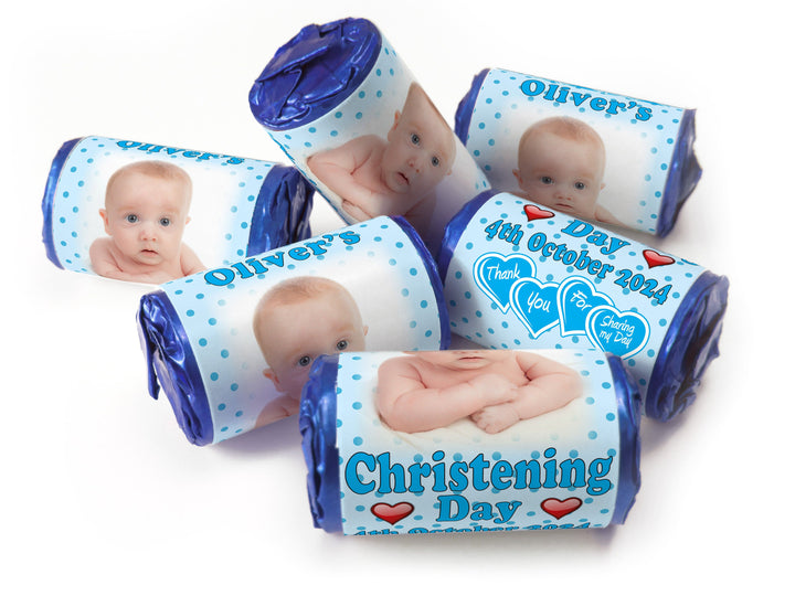 Christening Favours, Personalised Love Heart Sweets with Inner Foil choices - Boy with your image - V1