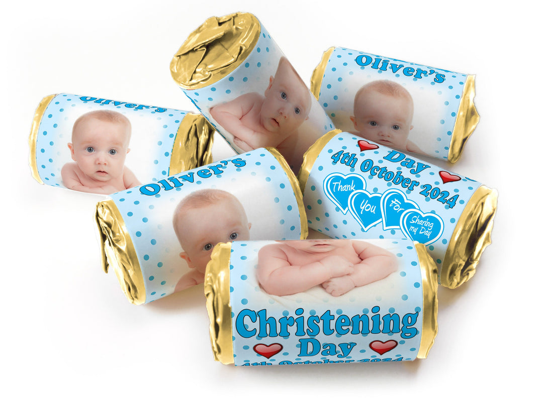 Christening Favours, Personalised Love Heart Sweets with Inner Foil choices - Boy with your image - V1