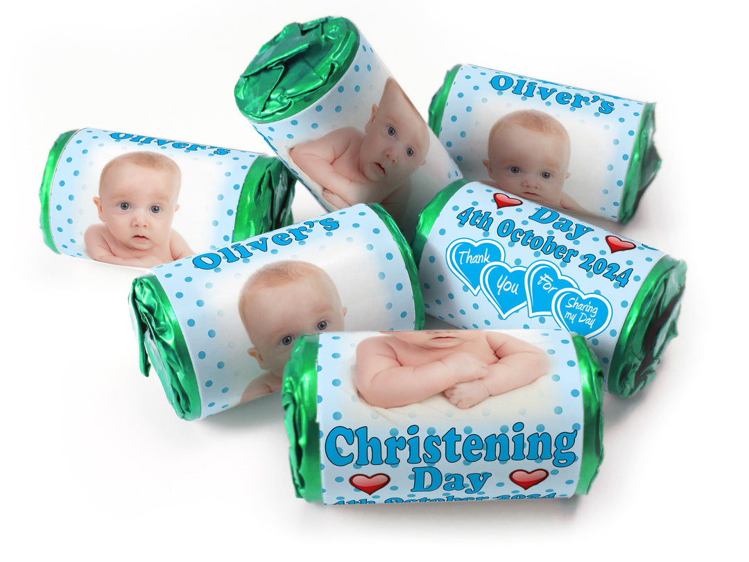 Christening Favours, Personalised Love Heart Sweets with Inner Foil choices - Boy with your image - V1