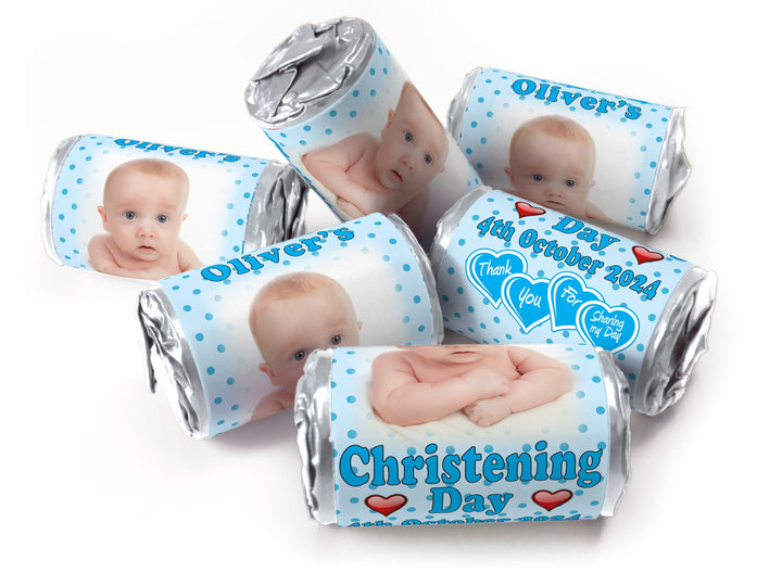 Christening Favours, Personalised Love Heart Sweets with Inner Foil choices - Boy with your image - V1