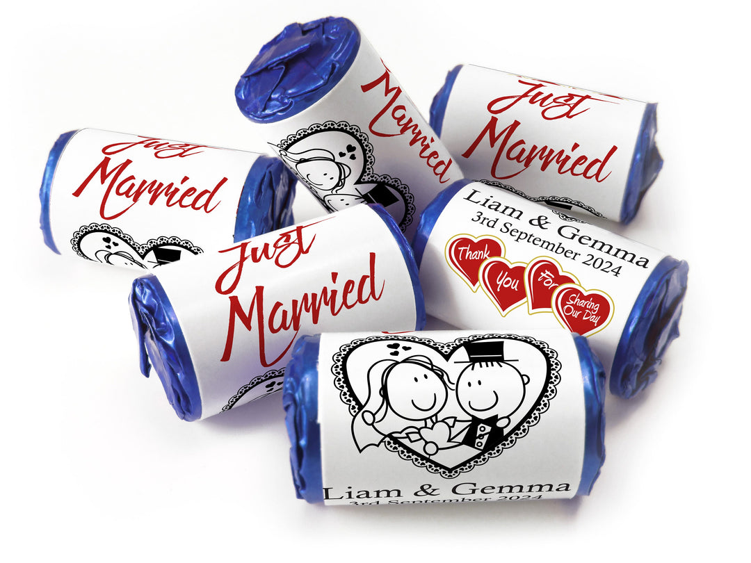 Wedding Sweets - Personalised Wedding Favours - Love Heart Sweets with Inner Foil choices - Cartoon, V14