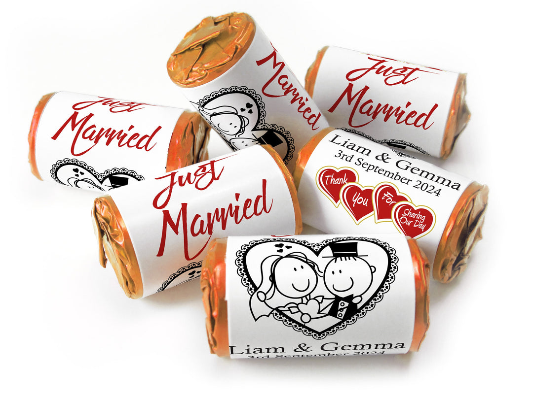 Wedding Sweets - Personalised Wedding Favours - Love Heart Sweets with Inner Foil choices - Cartoon, V14