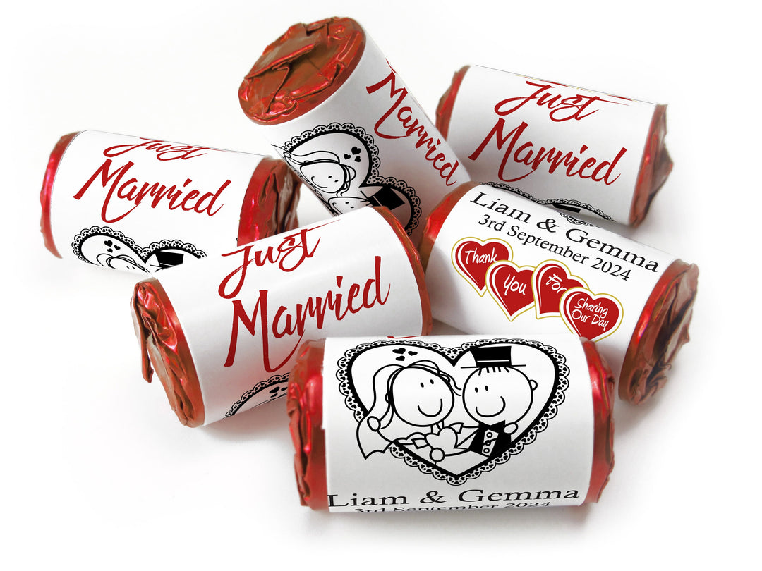 Wedding Sweets - Personalised Wedding Favours - Love Heart Sweets with Inner Foil choices - Cartoon, V14