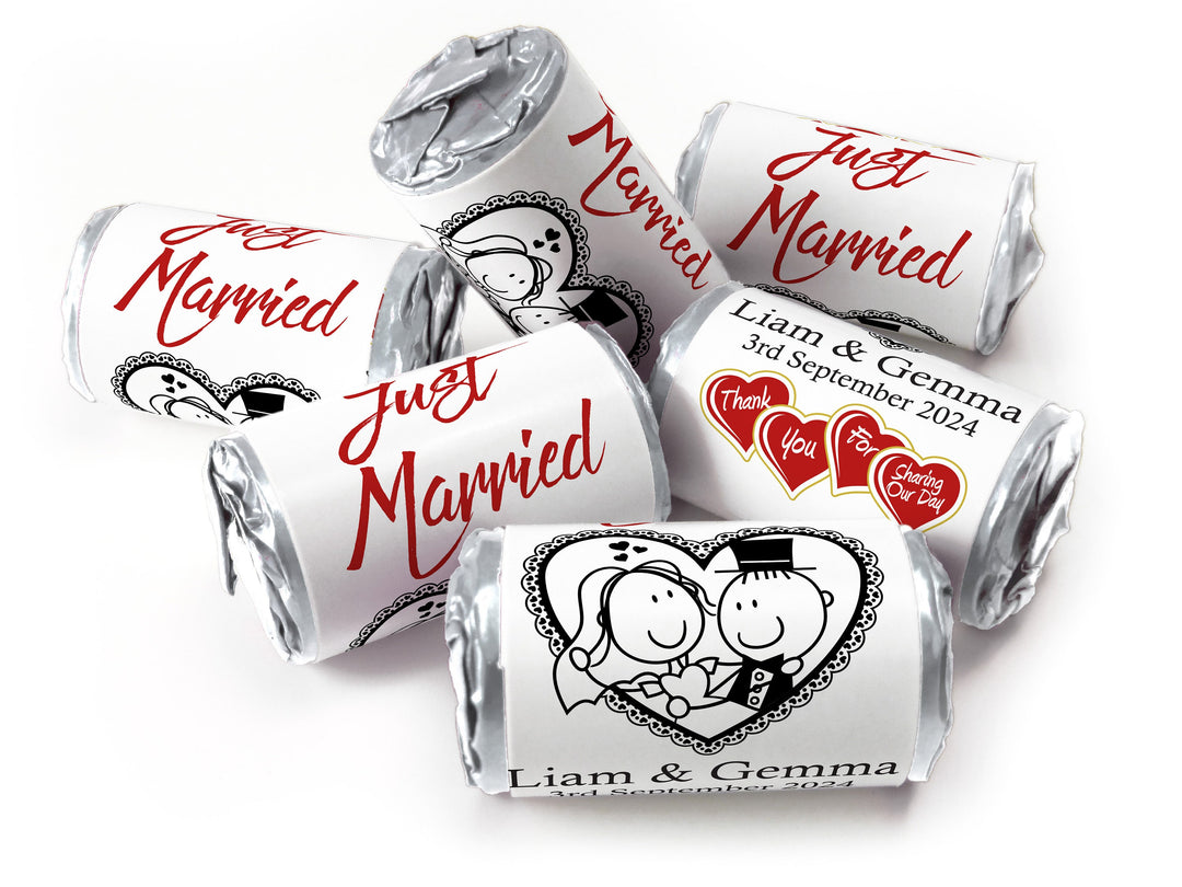 Wedding Sweets - Personalised Wedding Favours - Love Heart Sweets with Inner Foil choices - Cartoon, V14