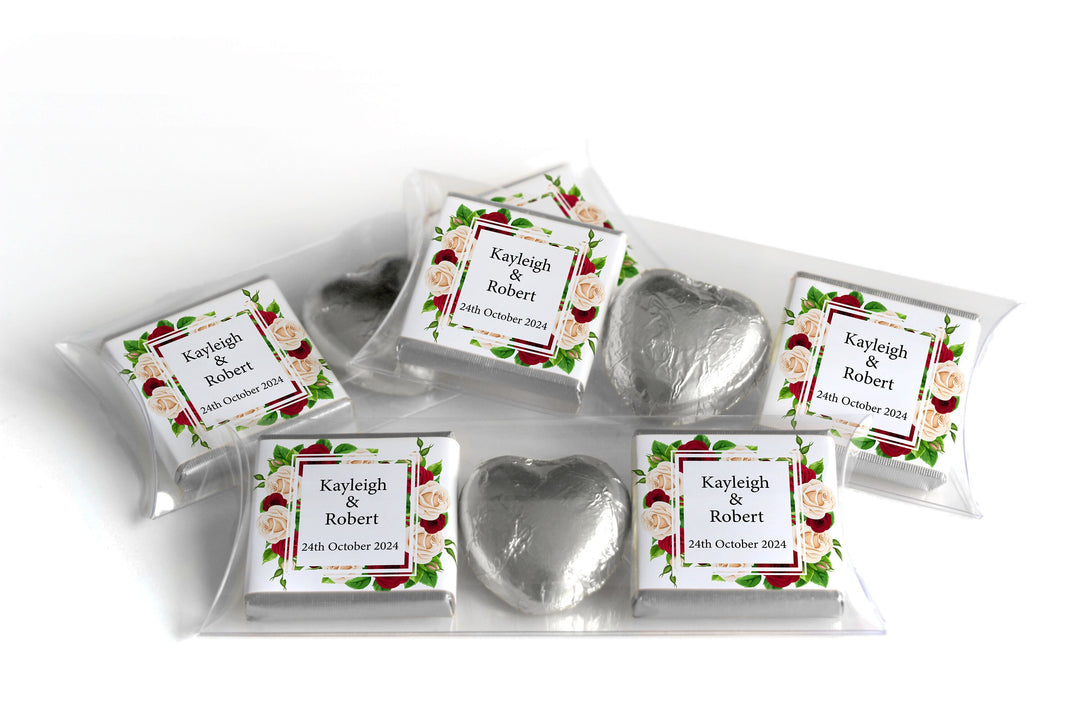 2 Choc Heart Trio Floral Wedding Chocolates - Personalised Favours - Neapolitan Chocolates - V1