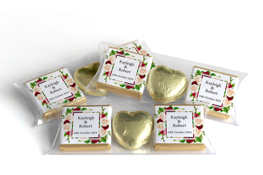 2 Choc Heart Trio Floral Wedding Chocolates - Personalised Favours - Neapolitan Chocolates - V1