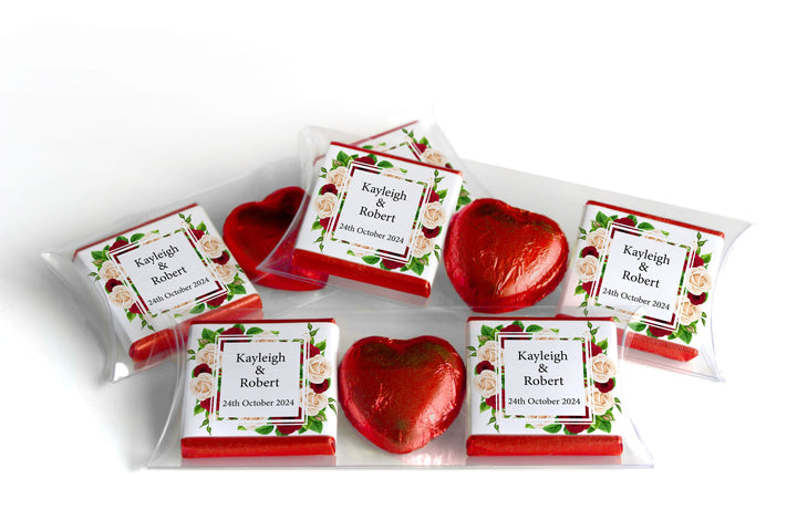 2 Choc Heart Trio Floral Wedding Chocolates - Personalised Favours - Neapolitan Chocolates - V1