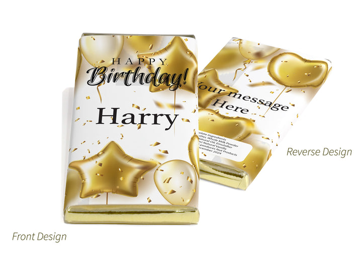 Birthday Gold Balloons Chocolate Bars - Personalised Favours - 80g Milk Chocolate Bars in Gold & Silver Foils - V0