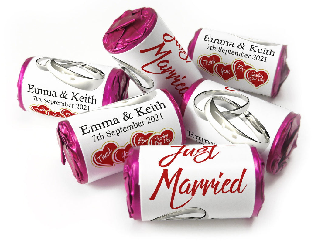 Wedding Sweets - Personalised Wedding Favours - Love Heart Sweets with Inner Foil choices, Silver Rings, Foil Choices - V11