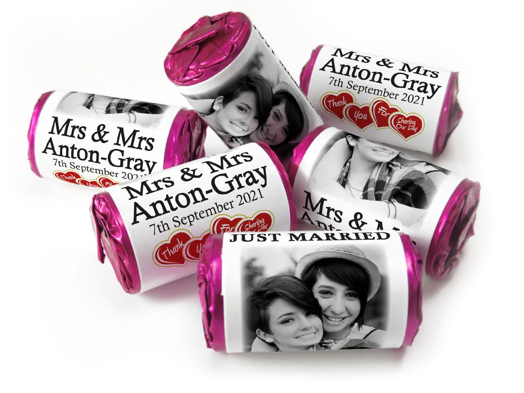 Wedding Sweets - Personalised Wedding Favours - Love Heart Sweets with Inner Foil choices, Mrs & Mrs with image - V3