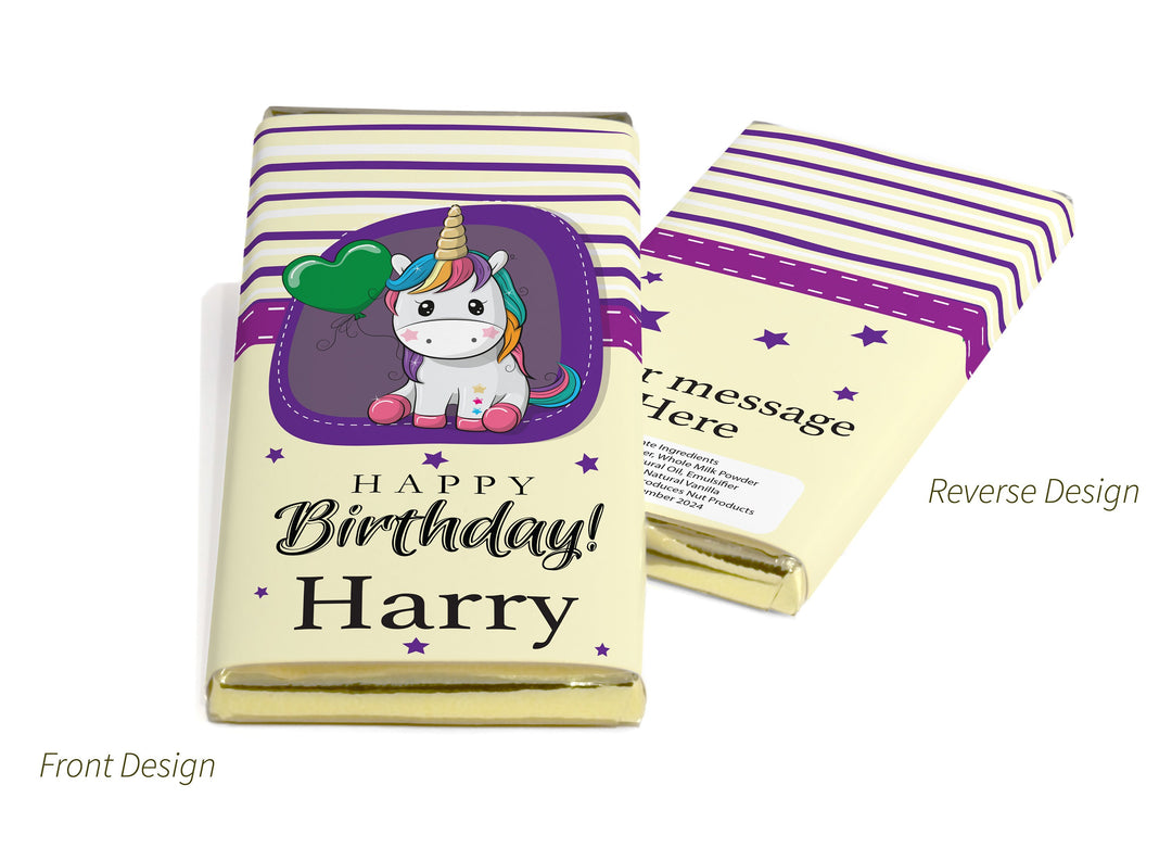 Birthday Unicorn Chocolate Bars - Personalised Favours - 80g Milk Chocolate Bars in Gold & Silver Foils - V0