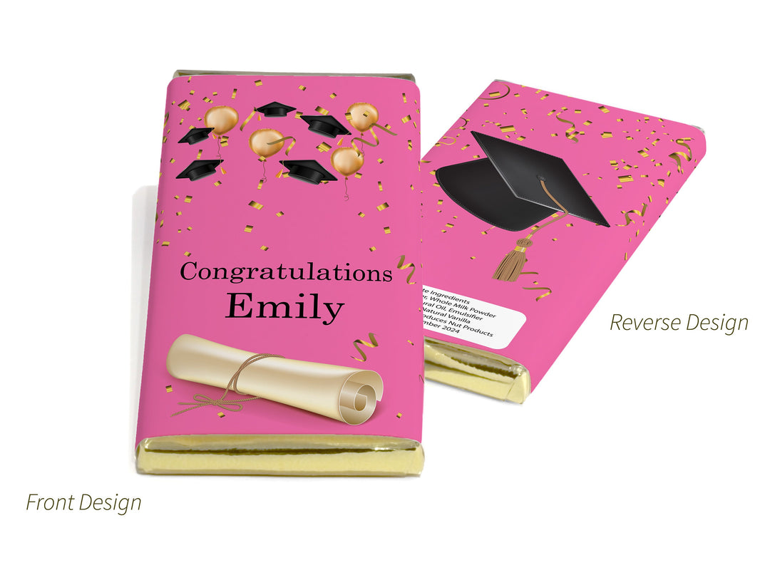 Graduation Chocolate Bars - Personalised Favours - 80g Milk Chocolate Bars in Gold & Silver Foils - Pink V1