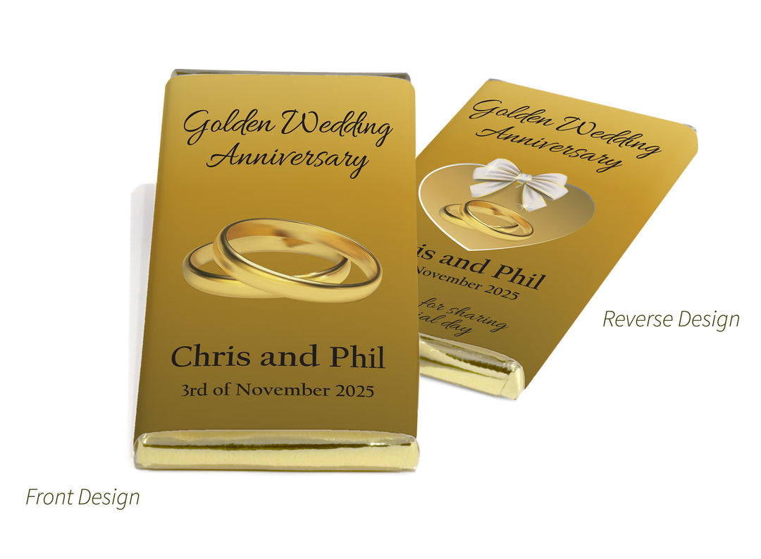 Golden Wedding Anniversary Chocolate Bars - Personalised Favours - 80g Milk Chocolate Bars in Gold & Silver Foils - V1