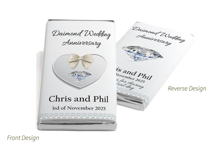 Diamond Wedding Anniversary Chocolate Bars - Personalised Favours - 80g Milk Chocolate Bars in Gold & Silver Foils - V1