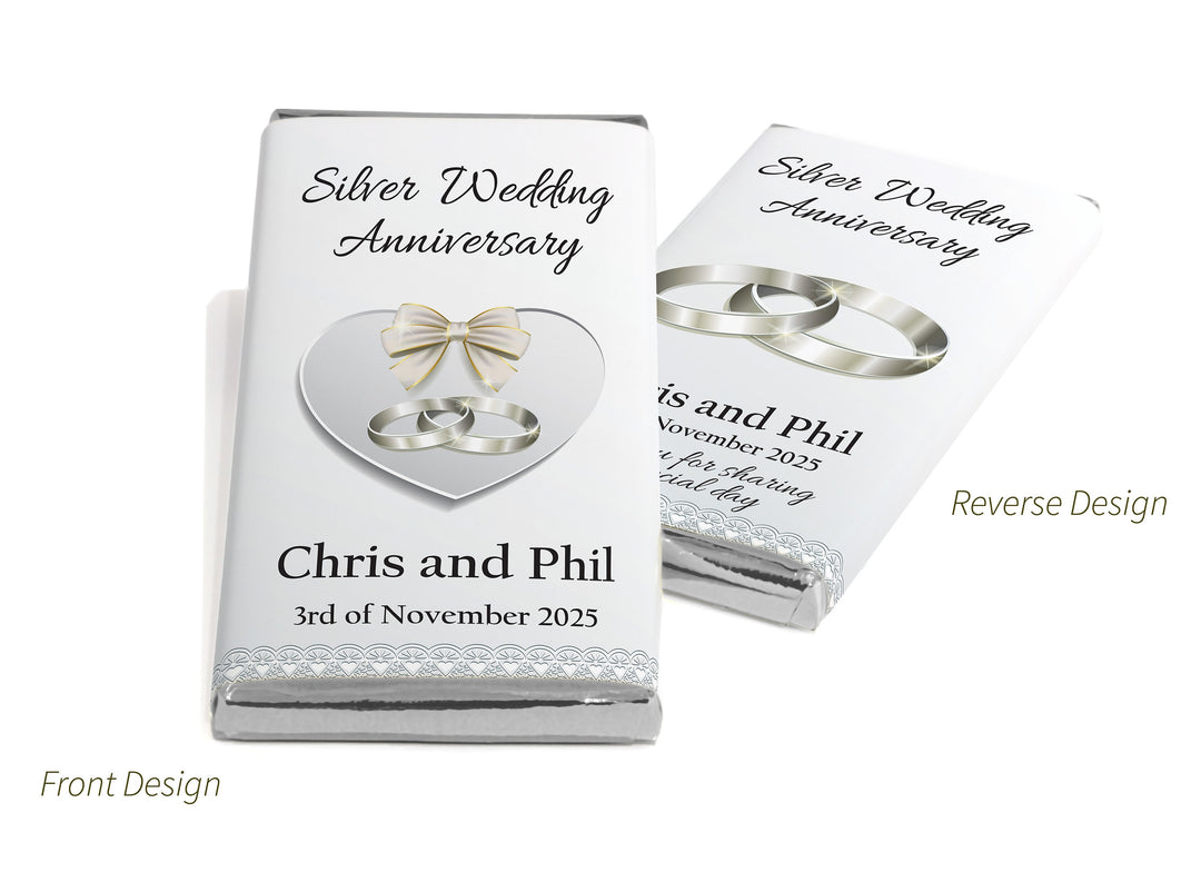 Silver Wedding Anniversary Chocolate Bars - Personalised Favours - 80g Milk Chocolate Bars in Gold & Silver Foils - V1