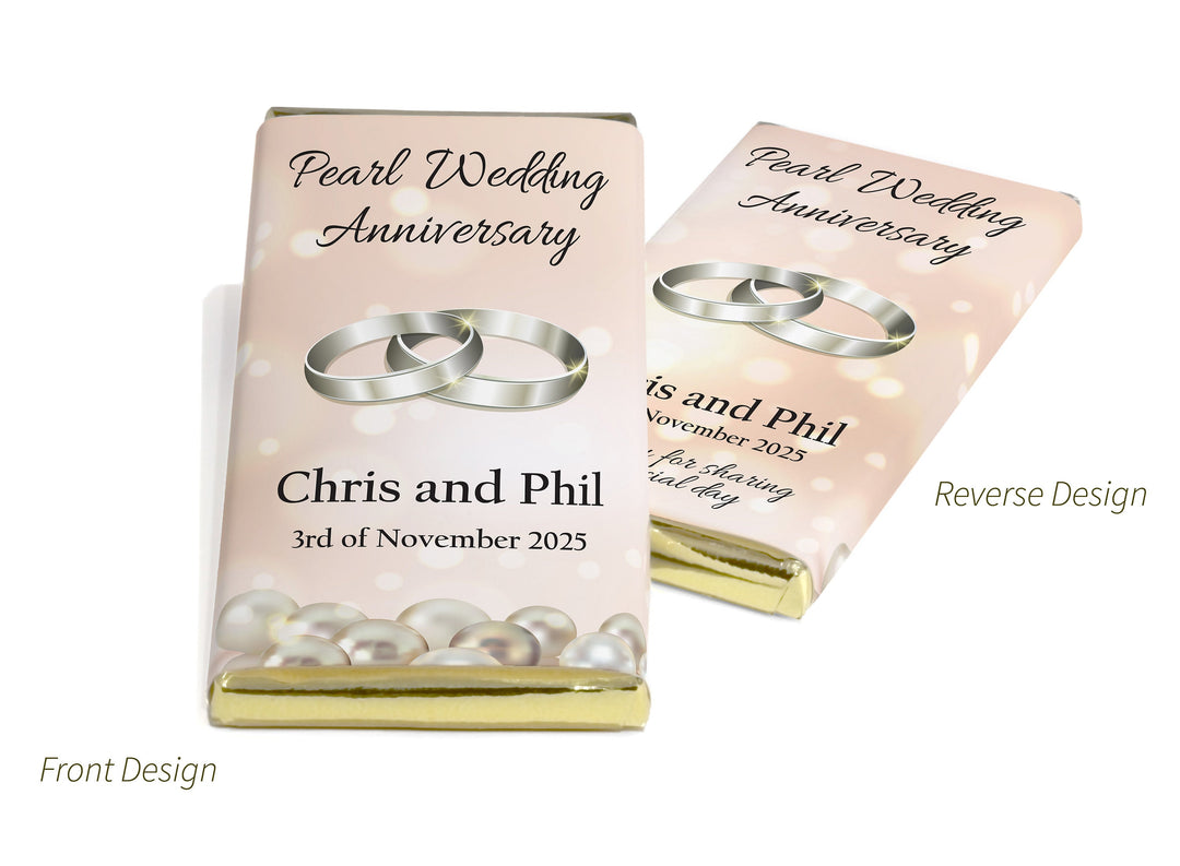 Pearl Wedding Anniversary Chocolate Bars - Personalised Favours - 80g Milk Chocolate Bars in Gold & Silver Foils - V1