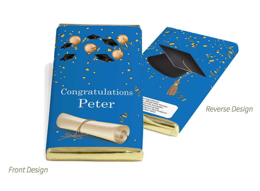 Graduation Chocolate Bars - Personalised Favours - 80g Milk Chocolate Bars in Gold & Silver Foils - Blue V1