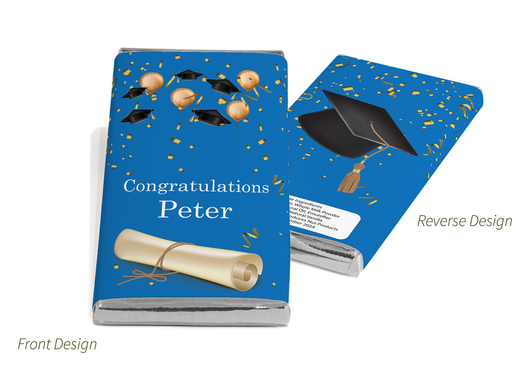 Graduation Chocolate Bars - Personalised Favours - 80g Milk Chocolate Bars in Gold & Silver Foils - Blue V1