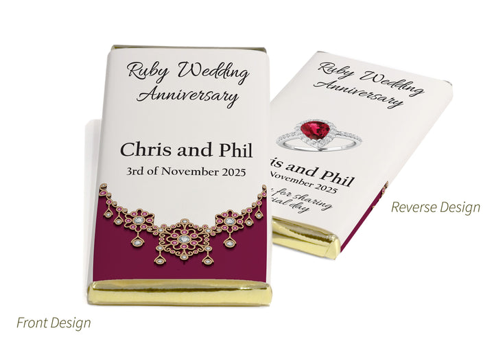 Ruby Wedding Anniversary Chocolate Bars - Personalised Favours - 80g Milk Chocolate Bars in Gold & Silver Foils - V1