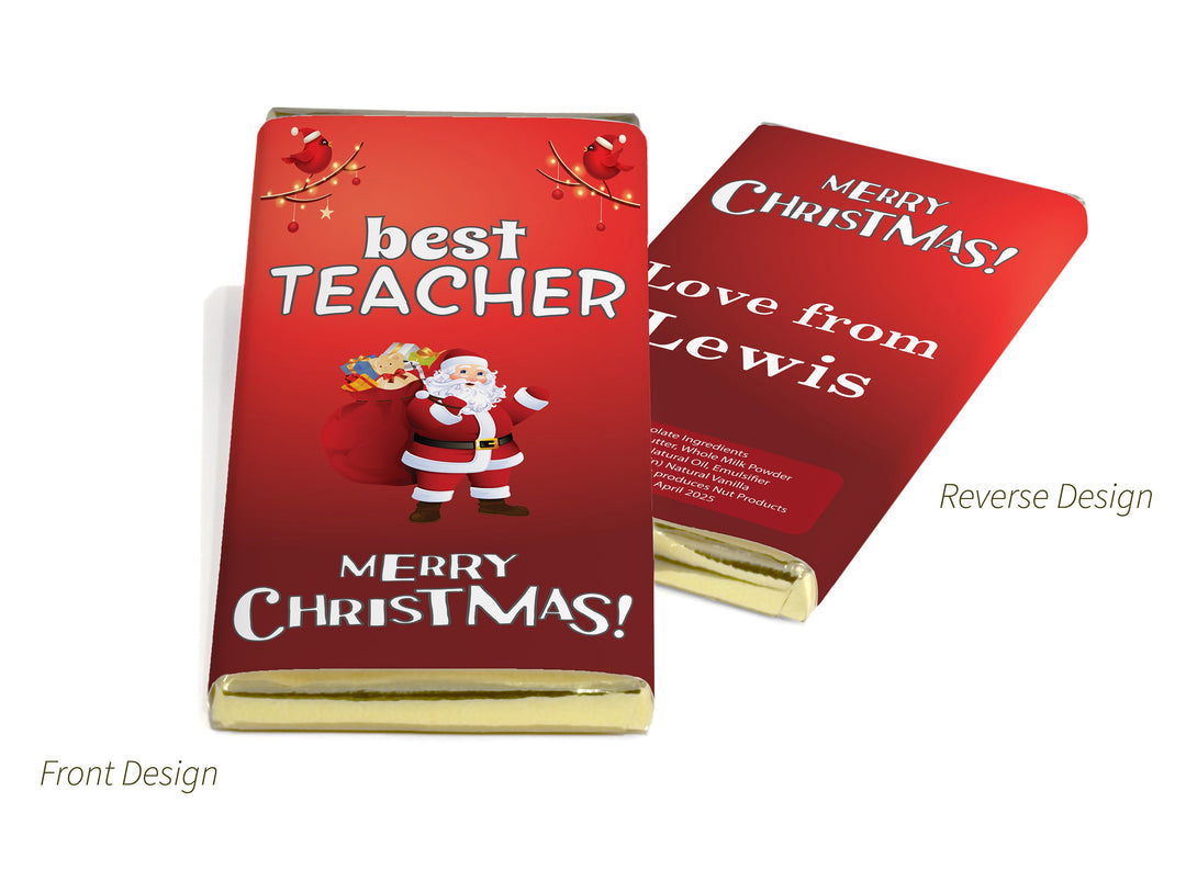 Christmas Best Teacher Chocolate Bars - Personalised Favours - 80g Milk Chocolate Bars in Gold & Silver Foils - V3