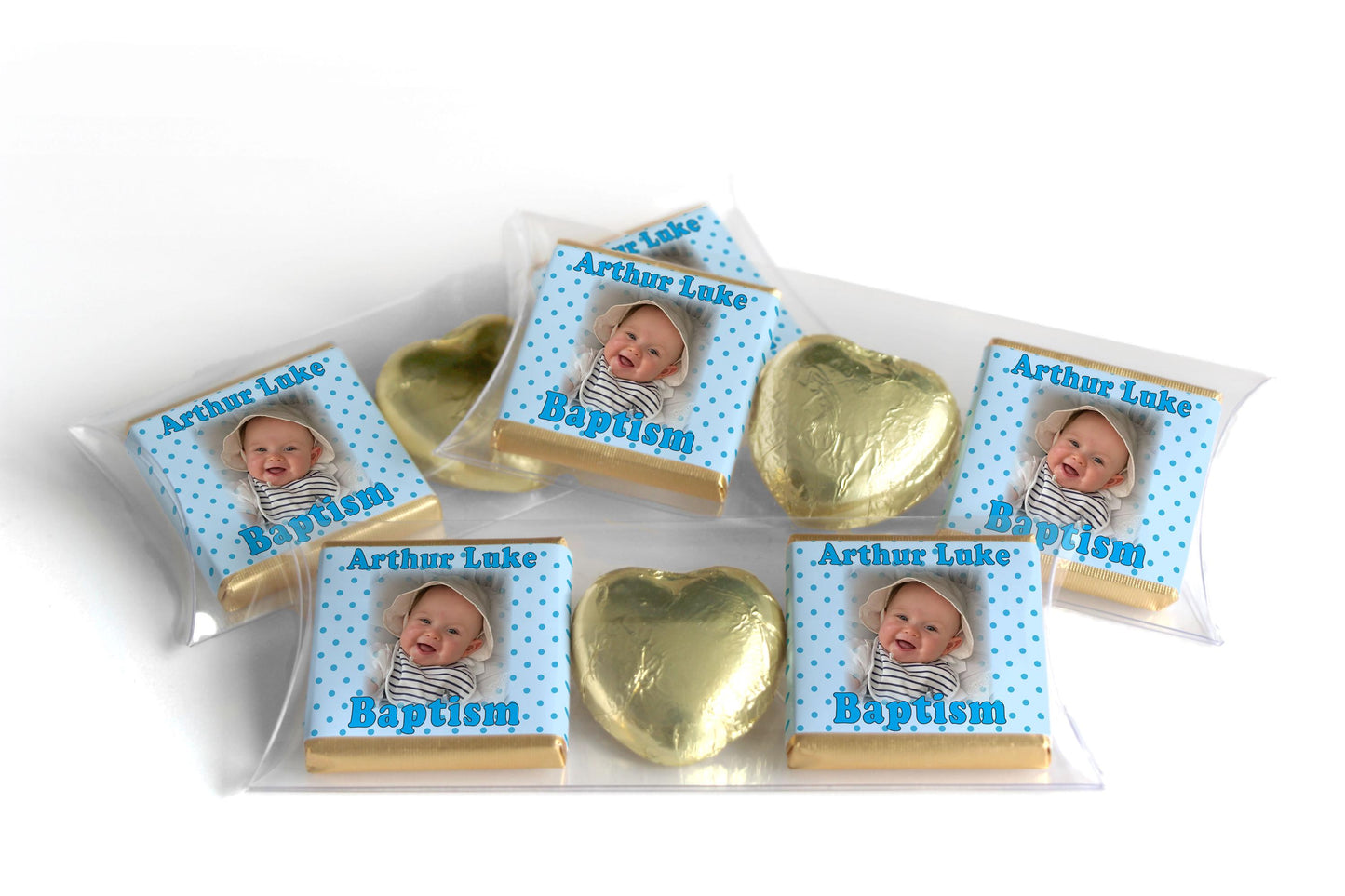 Choc Heart Trio Baptism Chocolates - Personalised Favours - Neapolitan Chocolates - Spotty Blue V1